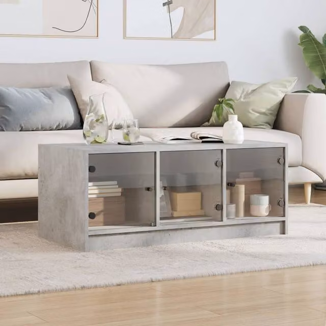 Berkfield Home Modern Rectangular Coffee Table with Glass Doors in Concrete Grey, W/D/H: 102 x 50 x 42 cm – 1