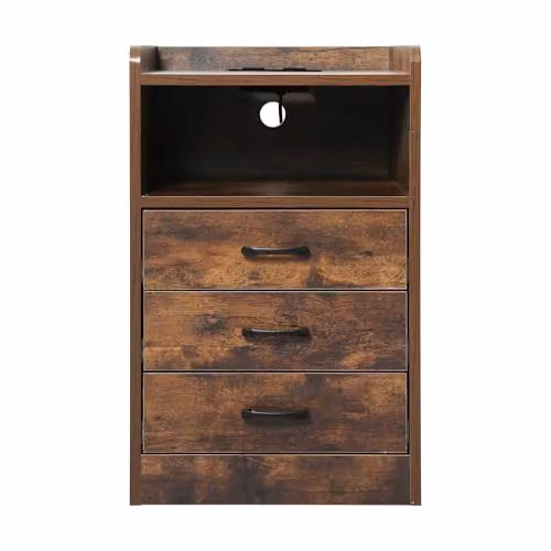 Levede Bedside Table with Charging Station and 3 Drawers, Rustic Brown with LED Lighting and USB Outlets – 1
