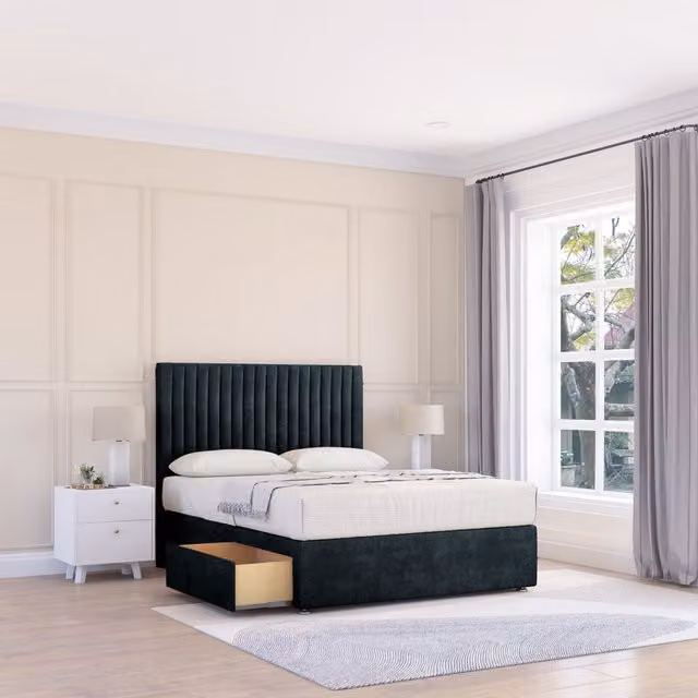 Sloomy Manhattan King Size Divan Bed Base with 2 Drawers and Velvet Upholstered Headboard in Black, W/D/H: 180 x 200 cm