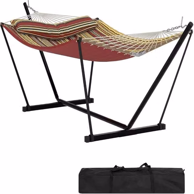 London Boutique Double Hammock with Stand and Multicolour Striped Cushions