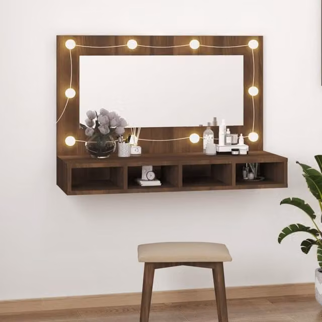 Berkfield Home Modern LED Mirror Cabinet in Brown Oak, W/D/H: 90 x 31.5 x 62 cm