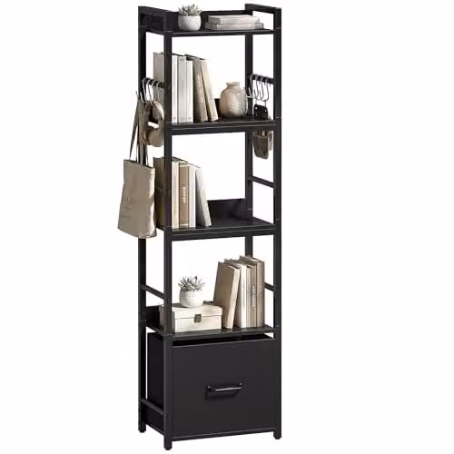 HOMCOM 4-Tier Bookshelf with Drawer and 8 Hooks, Black, W: 39 cm, D: 26 cm, H: 136.5 cm