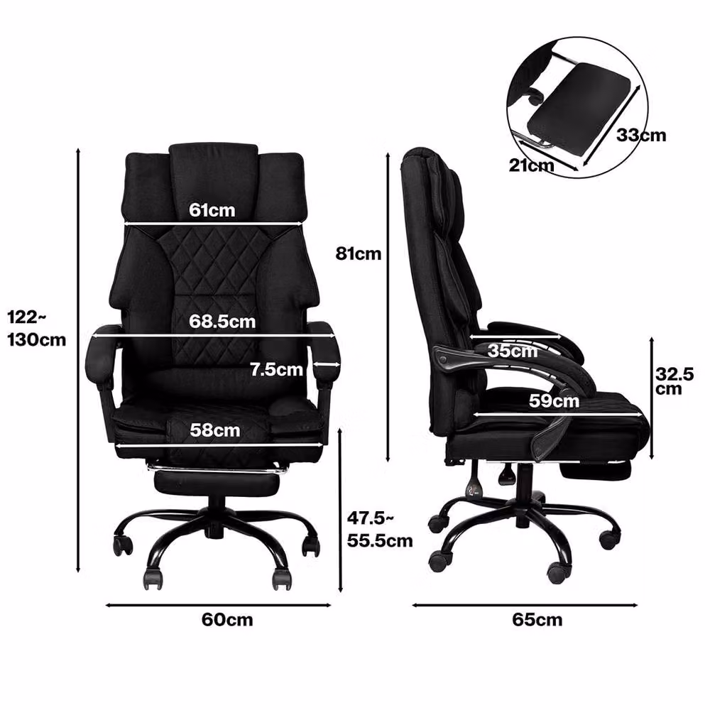 Levede Ergonomic Grey Linen Fabric Office Chair with Footrest, Headrest and 360 Degree Swivel – 4