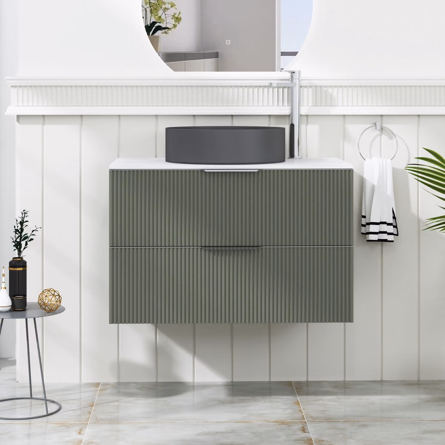 Royal Bathrooms Evora 800mm Sage Green Fluted Wall Hung Vanity Unit with 2 Drawers and Art Round Basin