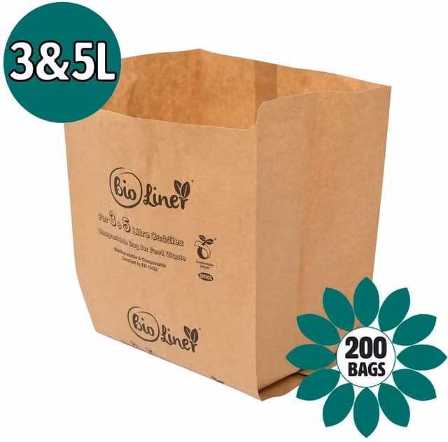 Bioliner Brown Compostable Paper Caddy Liners Small 3L and 5L 200 Bags