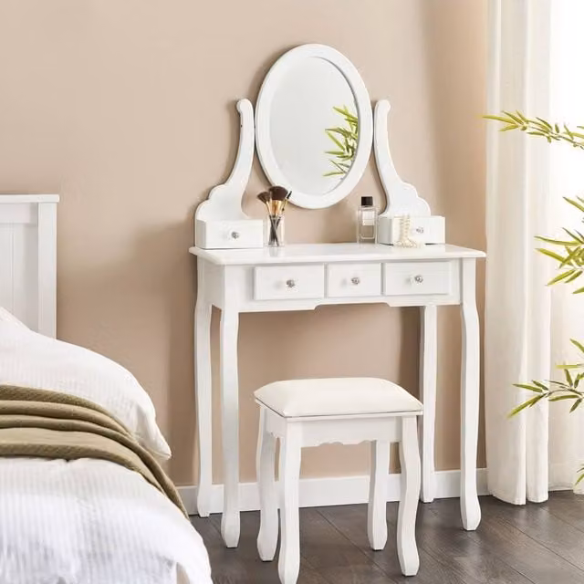 Wyld and Coco Glam Dressing Table in White MDF with Stool, W: 140 cm, D: 80 cm – 1