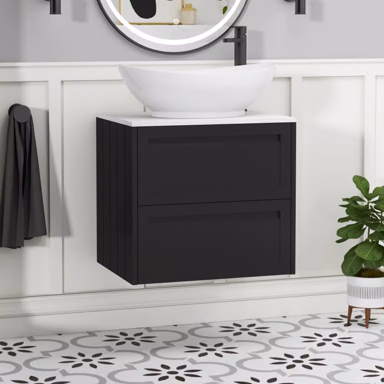 Royal Bathrooms Elmore Wall Hung 2 Drawer Vanity Unit with Amaze Basin in Matt Nocturne Black, Width: 60 cm