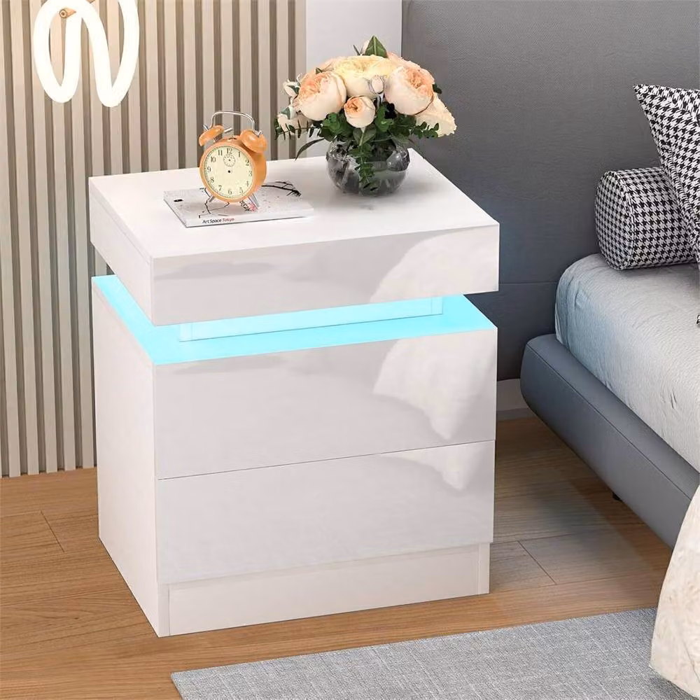 Nordara White High Gloss LED Bedside Table with 2 Drawers and RGB Integrated Lighting – 3