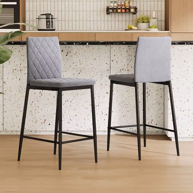 Livingandhome Set of 2 Grey PU Leather Diamond-Quilted Upholstered Bar Stools with Metal Frames