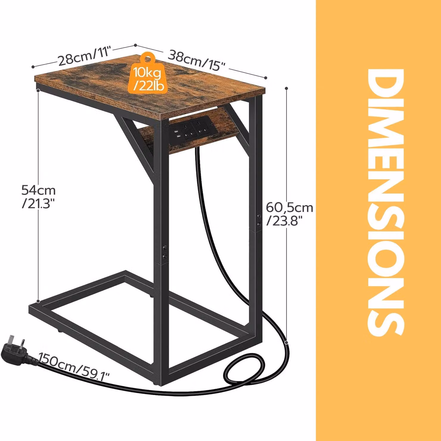 Rafaelo Mobilia C Shaped Side Table with USB Ports and Power Outlets in Brown and Black – 4