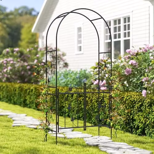 Outsunny Metal Garden Arch with Gate and Trellis, Black, H 217 x W 107 x D 45 cm – 7