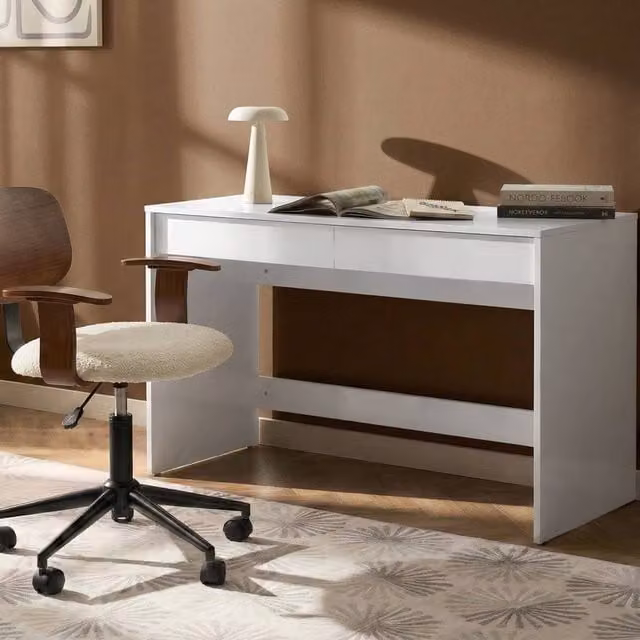 Wyld and Coco White Scandinavian Writing Desk with Two Drawers and Shelves W: 110 cm, D: 50 cm – 1
