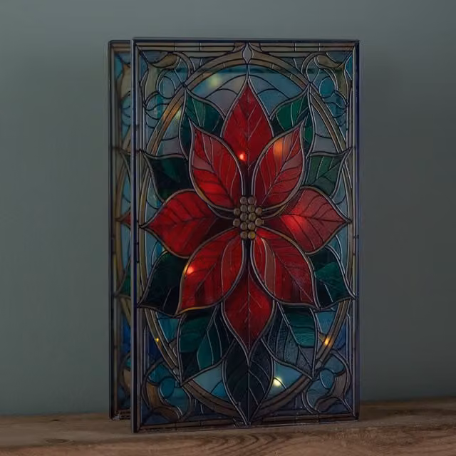 Samuel Alexander Red Multicolour Stained Glass Poinsettia Hanging Decoration with LEDs, 21 cm