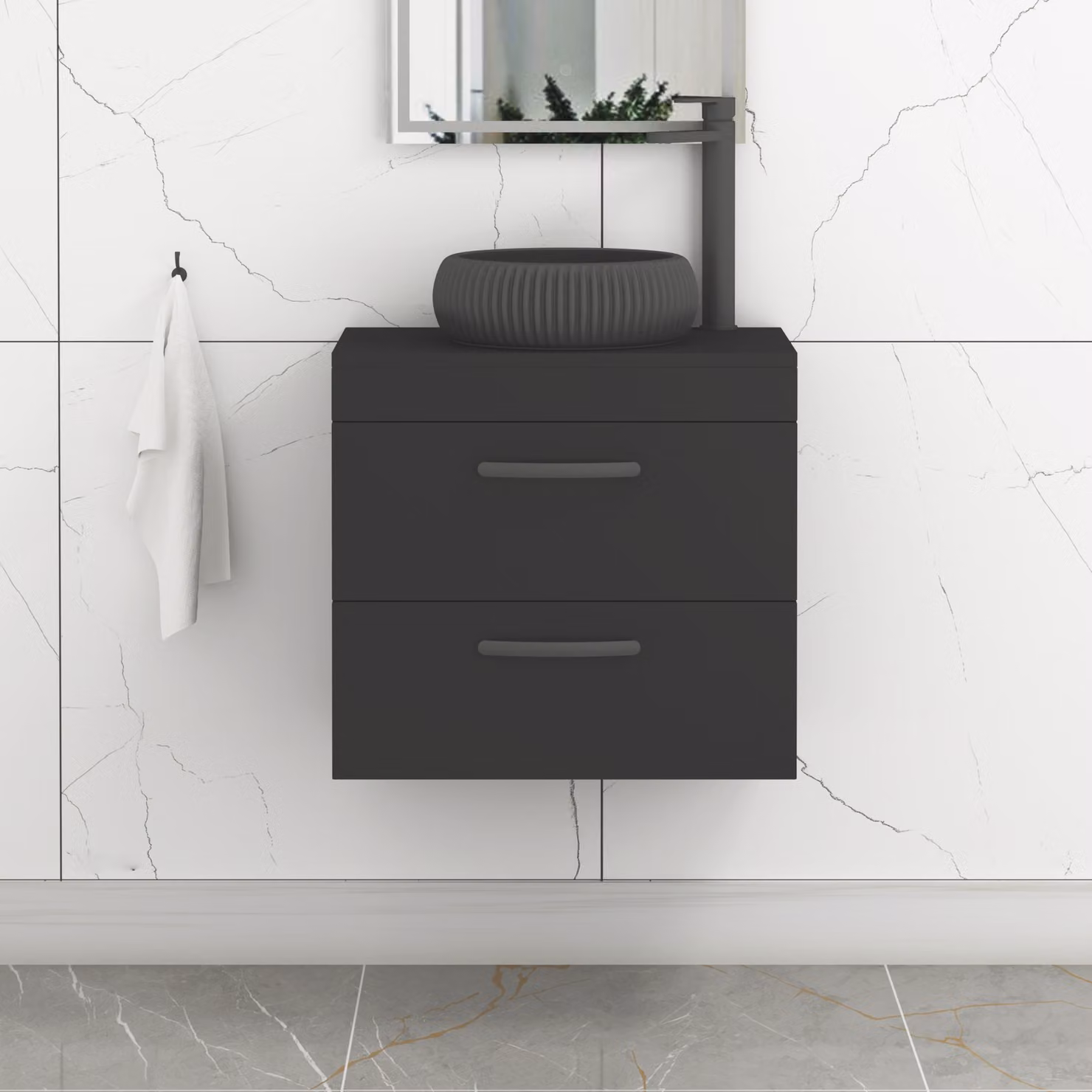 Royal Bathrooms Turin 500mm Wall Hung Vanity Unit with 2 Drawers and Countertop Basin in Matt Black