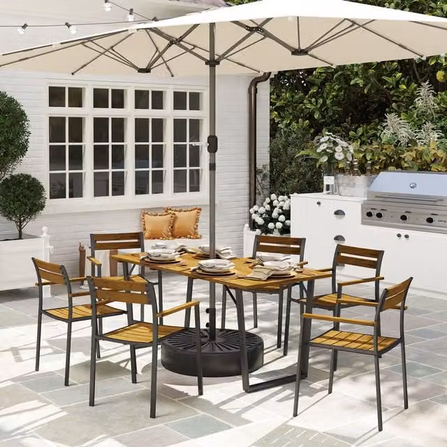 OUTSUNNY 7 Piece Garden Dining Set with Table and 6 Stackable Chairs, Brown – 1