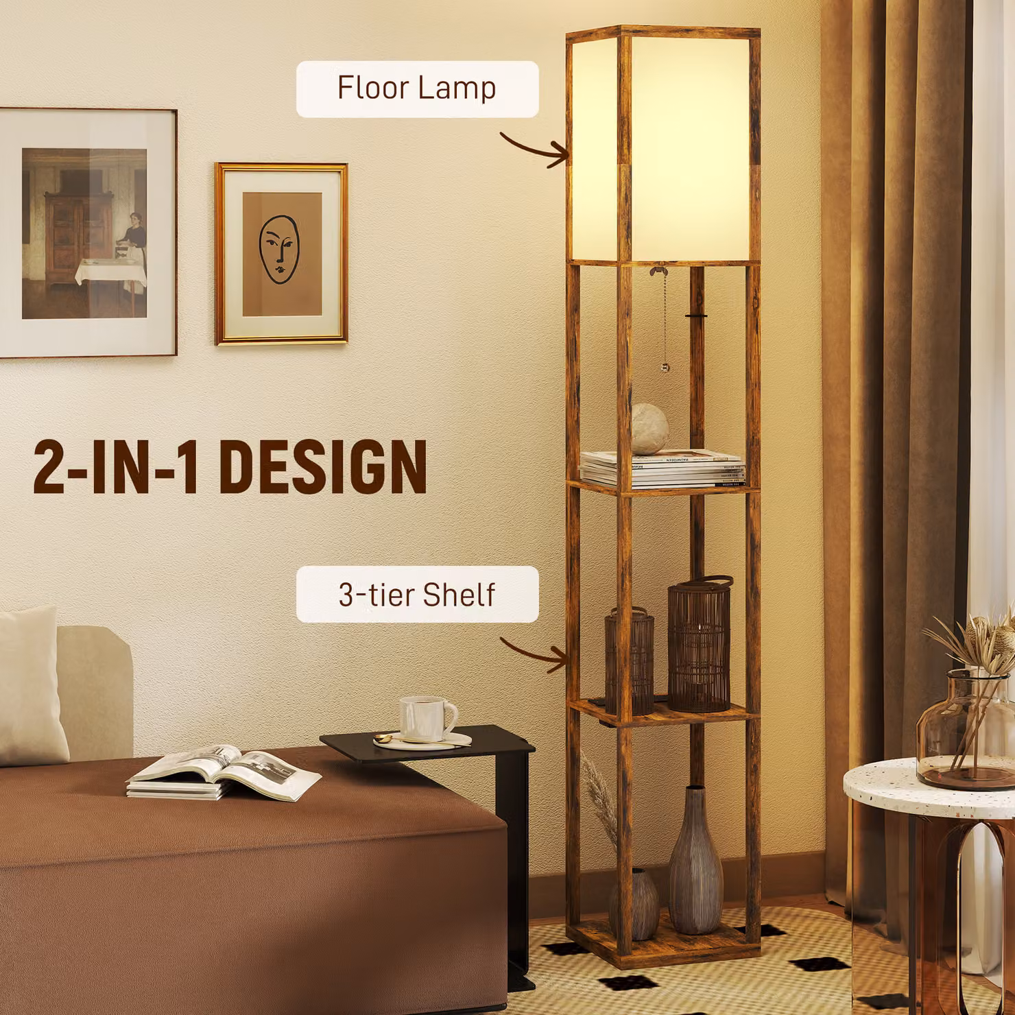 HOMCOM Rustic Brown Floor Lamp with 4 Shelves, USB Ports and 3 Colour Temperatures – 4