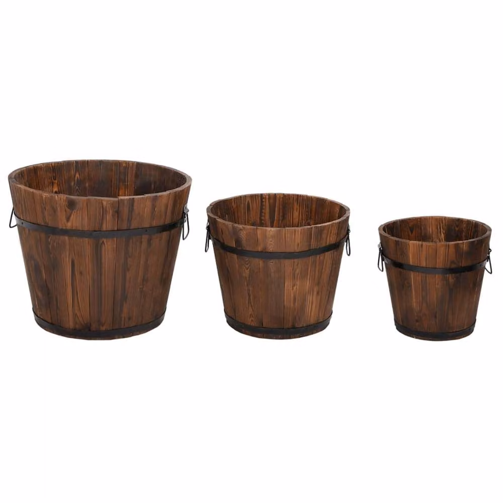 Berkfield Home Beautiful 3 Piece Solid Wood Fir Bucket Planter Set in Brown – 3