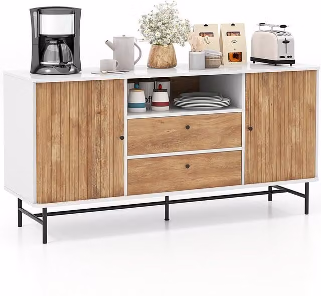 Costway Wooden Buffet Cabinet and Sideboard Bar Station with Sliding Tambour Doors in White – 1