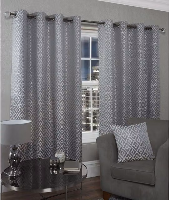 NewEdgeBlinds Deco Lined Eyelet Geometric Curtains in Silver and Gold, Width: 116 cm – 1