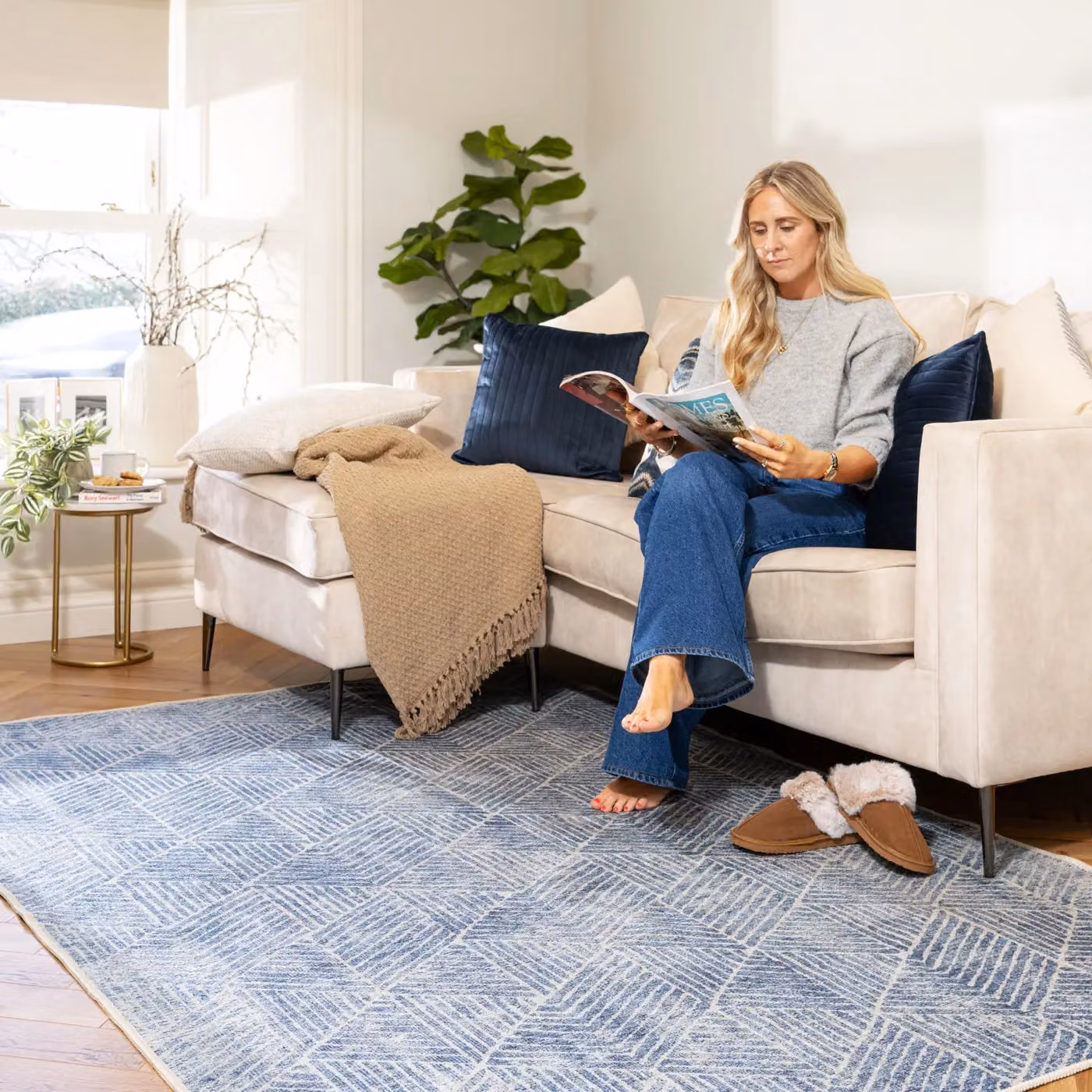 Kukoon Geometric Distressed Washable Living Room Area Rug in Mid Blue, W: 60 cm x L: 240 cm – 2