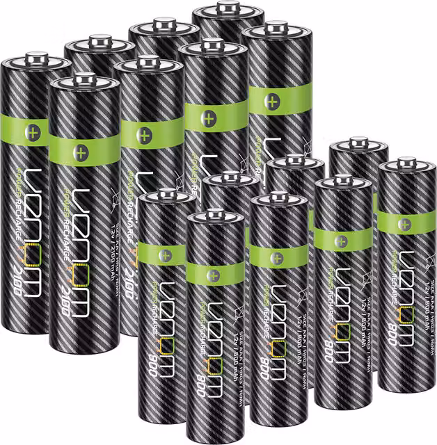 Venom Premium Rechargeable Batteries, 8 x AA and 8 x AAA, Black