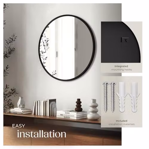 tectake Round Wall Mirror in Black with Minimalist Metal Frame, Diameter: 50 cm – 4