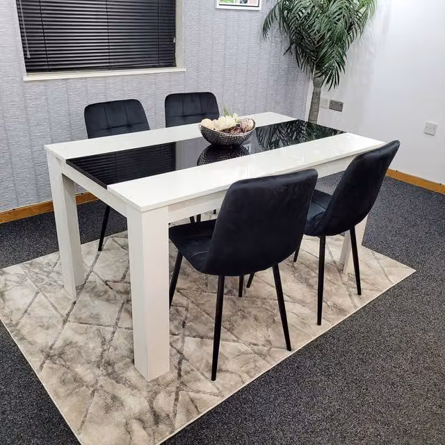 Kosy Koala Modern Dining Set with Rectangular White Glossy Table and 4 Black Velvet Tufted Chairs