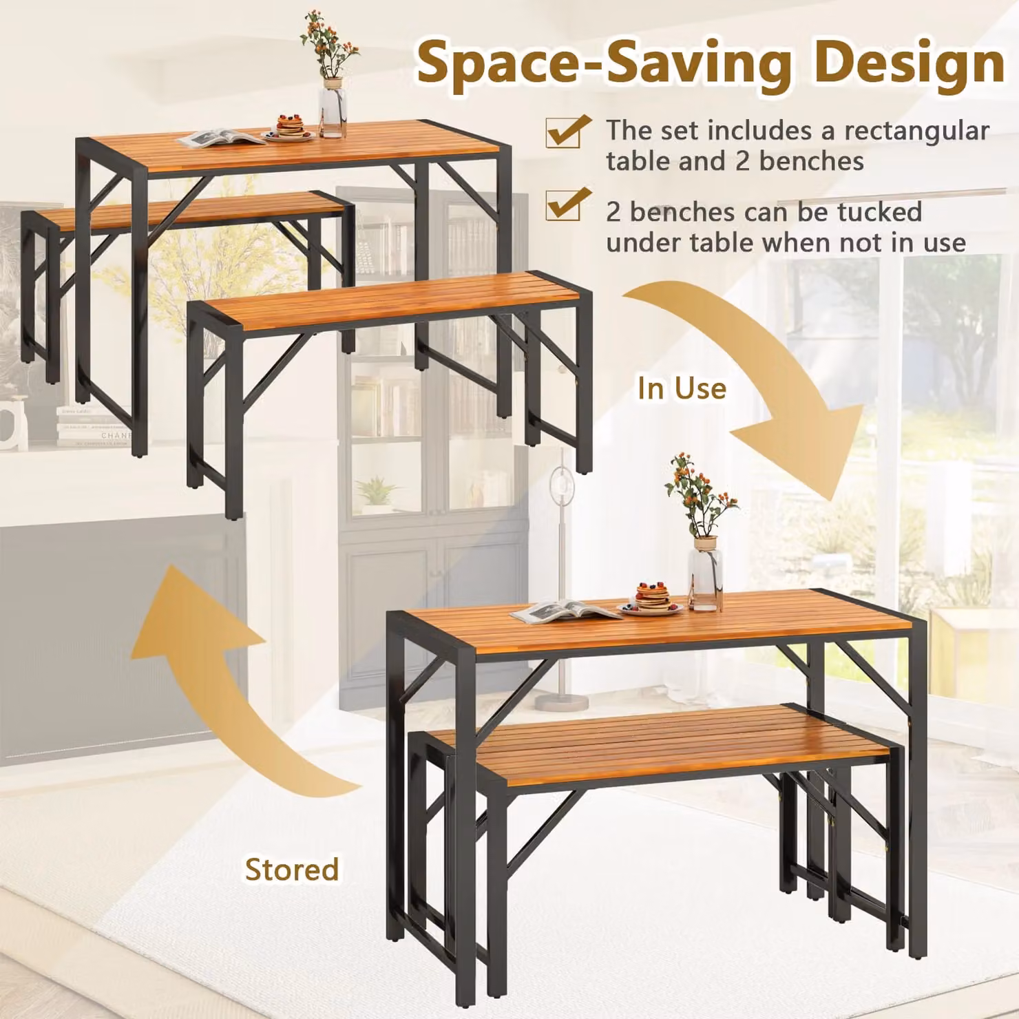 Costway 3-Piece Acacia Wood Patio Dining Set with Rectangular Picnic Table and 2 Benches in Brown – 5