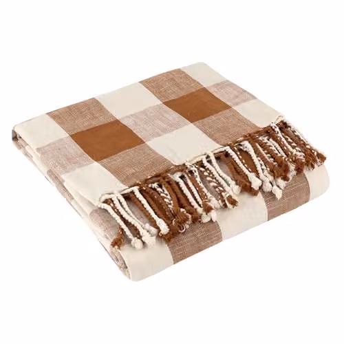 Riva Home Yard Chesil Check Tasselled Organic Cotton Throw in Brown, W: 130 cm, L: 170 cm