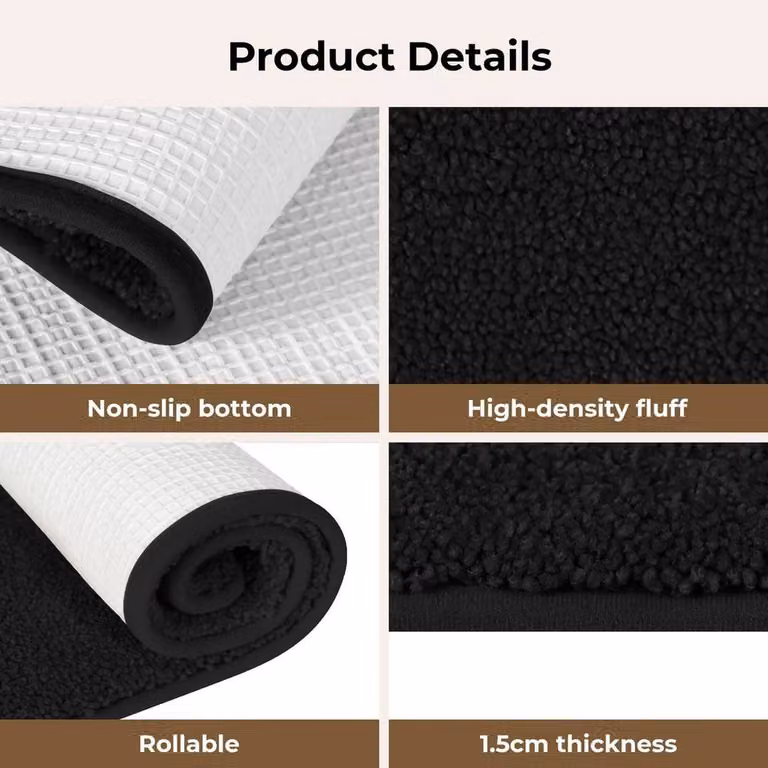 KORVIXA Non-Slip Round Indoor Entrance Rug in Black, W/D: 60 x 90 cm