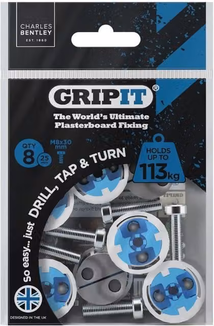 Gripit 25mm Blue Plasterboard Cavity Wall Anchors, 8 Pack – 1