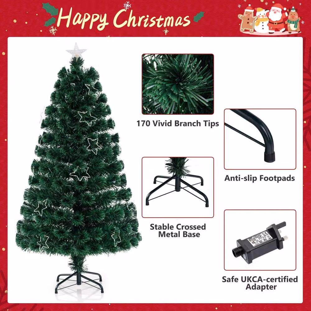 Costway 5 FT Pre-Lit Optical Fiber Artificial Christmas Tree in Green with Multicolour Warm White Lights – 7