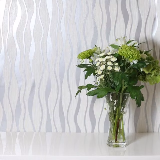 Arthouse Metallic Wave Abstract Geometric Modern Wallpaper in White and Silver
