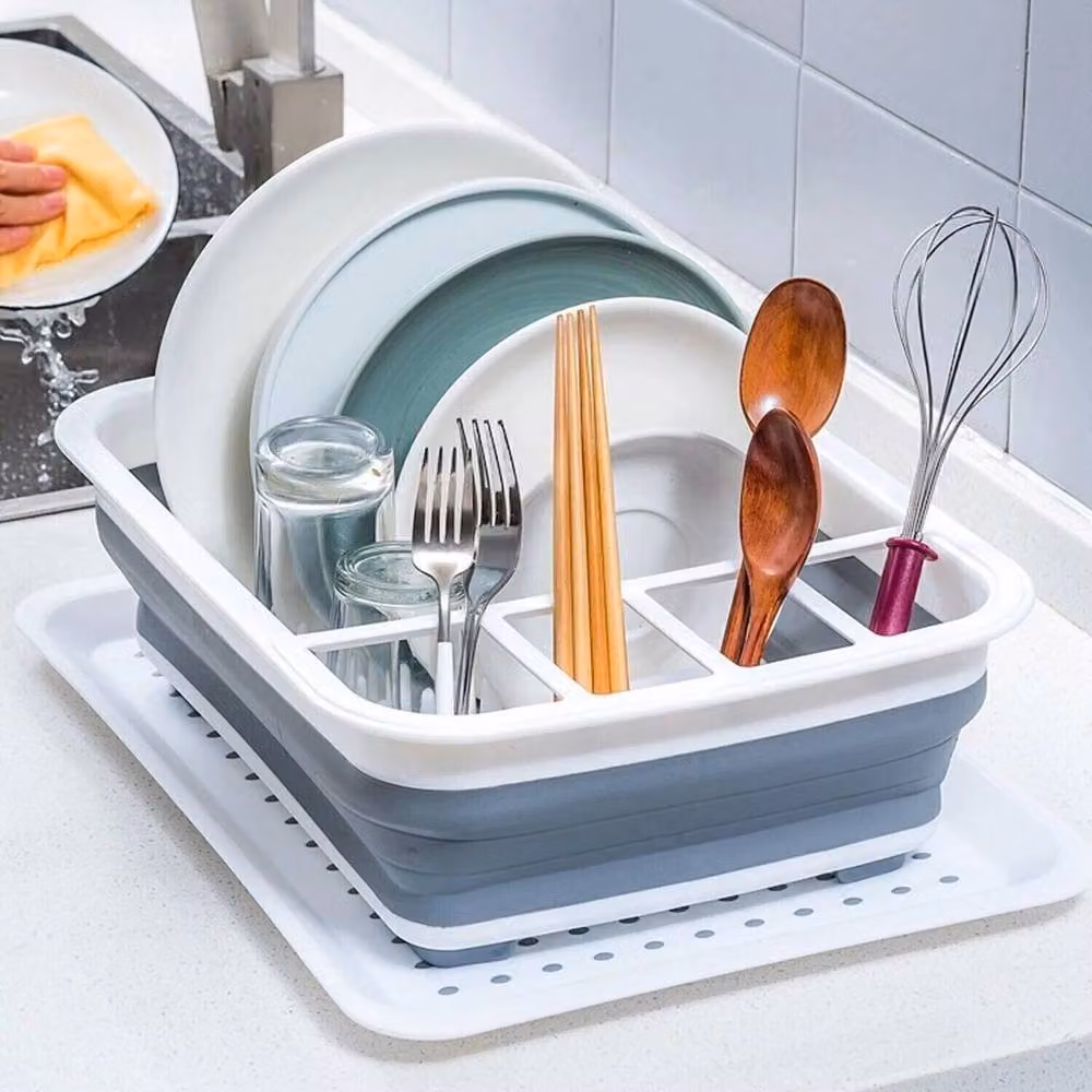 PAWNORA Foldable Plastic Dish Drying Rack with Drip Tray, Grey – 4