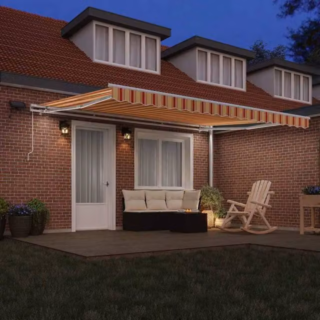Berkfield Home Manual Retractable Striped Polyester Awning with LED in Yellow and Orange, W: 450 cm, D: 300 cm