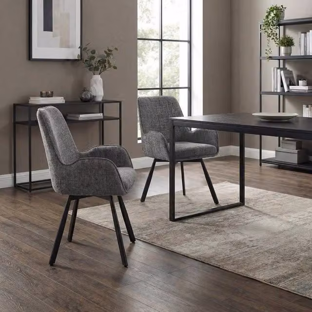 FWStyle Set of 2 Amelia Grey Chenille Upholstered 360 Degree Swivel Dining Chairs with Armrests – 1
