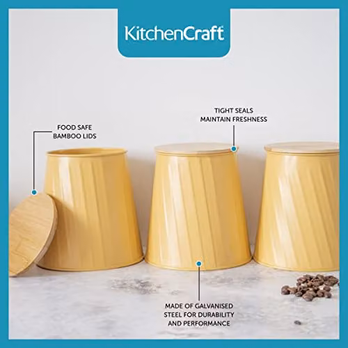 KitchenCraft 3-Piece Airtight Storage Canister Set in Yellow with Bamboo and Metal Lids – 2