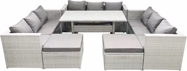 Fimous 11 Seater Rattan Garden Furniture Set with Rectangular Dining Table and 2 Large Footstools in Light Grey – 1