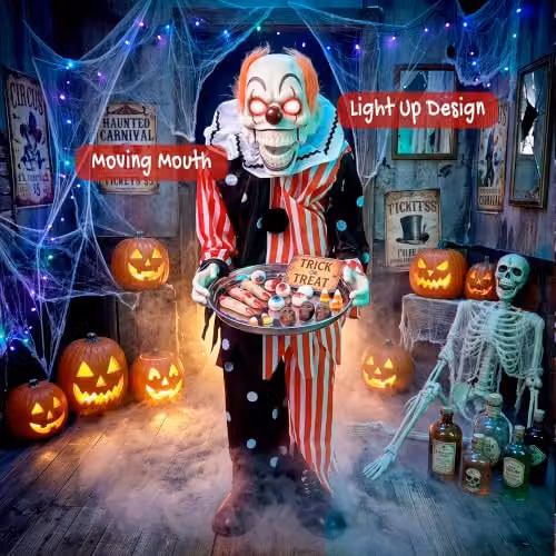 HOMCOM Animated Halloween Clown Decoration with Candy Tray, Multicolour, Height: 91 cm – 5
