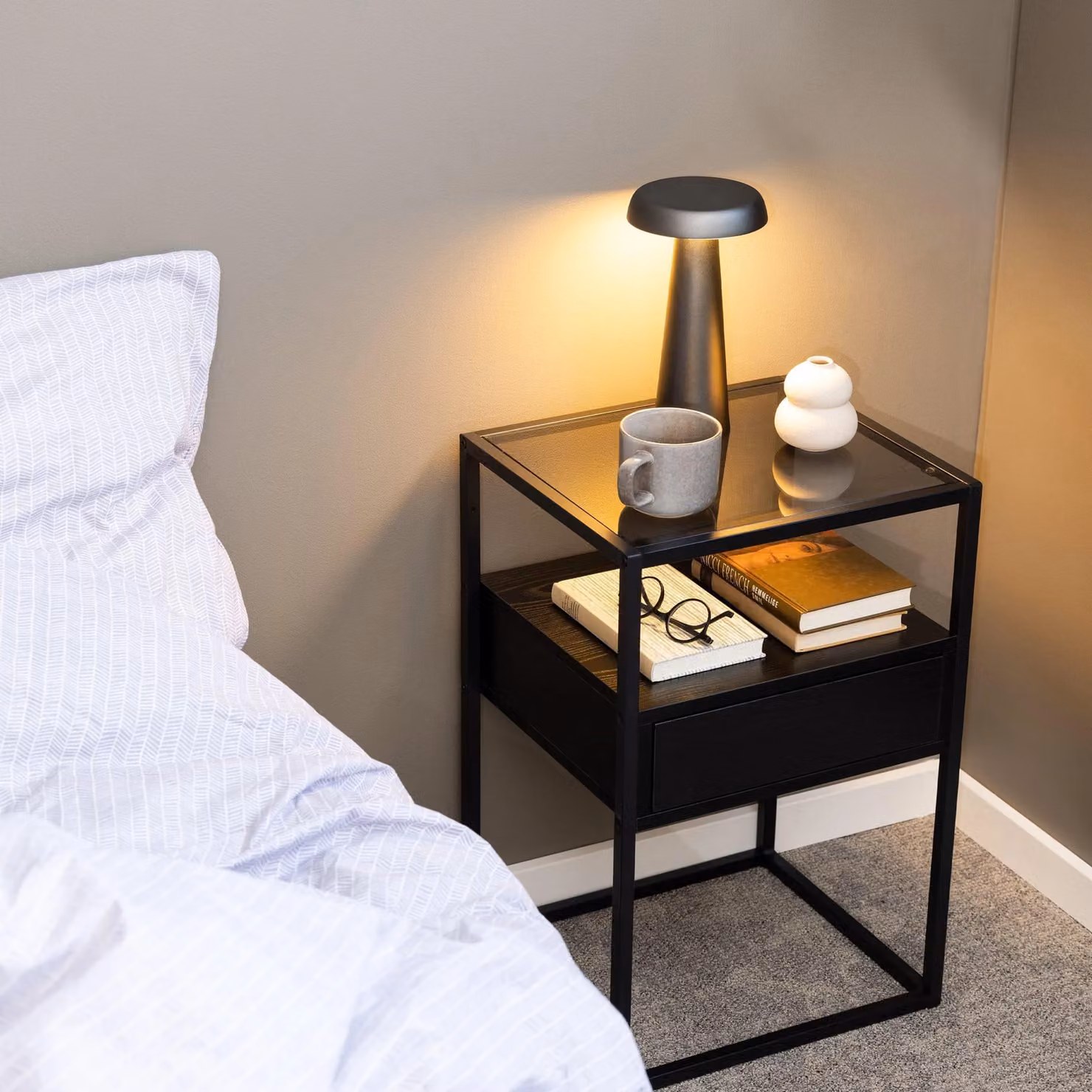 Furniture To Go Randolf Bedside Table in Black with Smoked Glass – 3