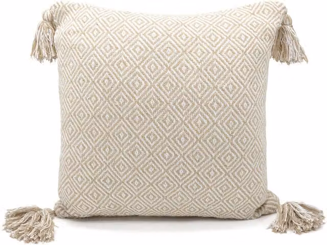 Velosso Shabby Chic Square Cotton Tassel Edge Cushion in Beige