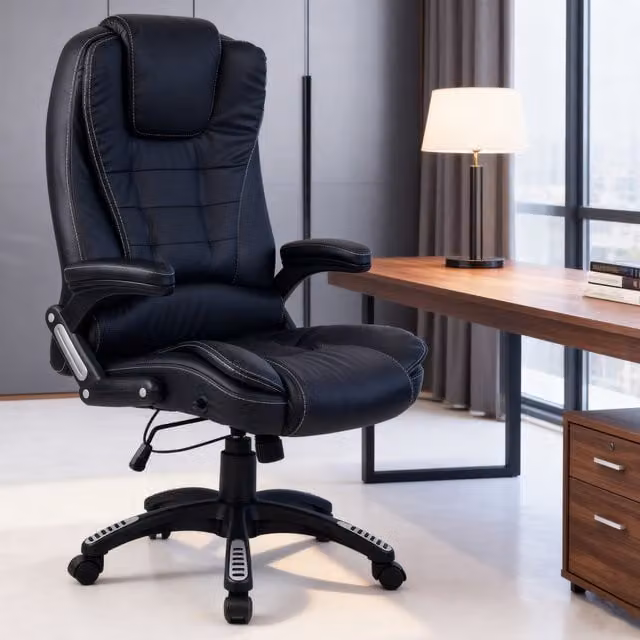 RayGar Modern Black Faux Leather Executive Swivel Office Chair with Headrest and Armrests