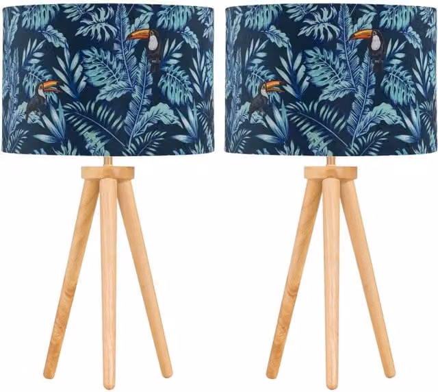 First Choice Lighting Set of 2 Light Oak Table Lamps with Brown Toucan Velvet Shades – 1