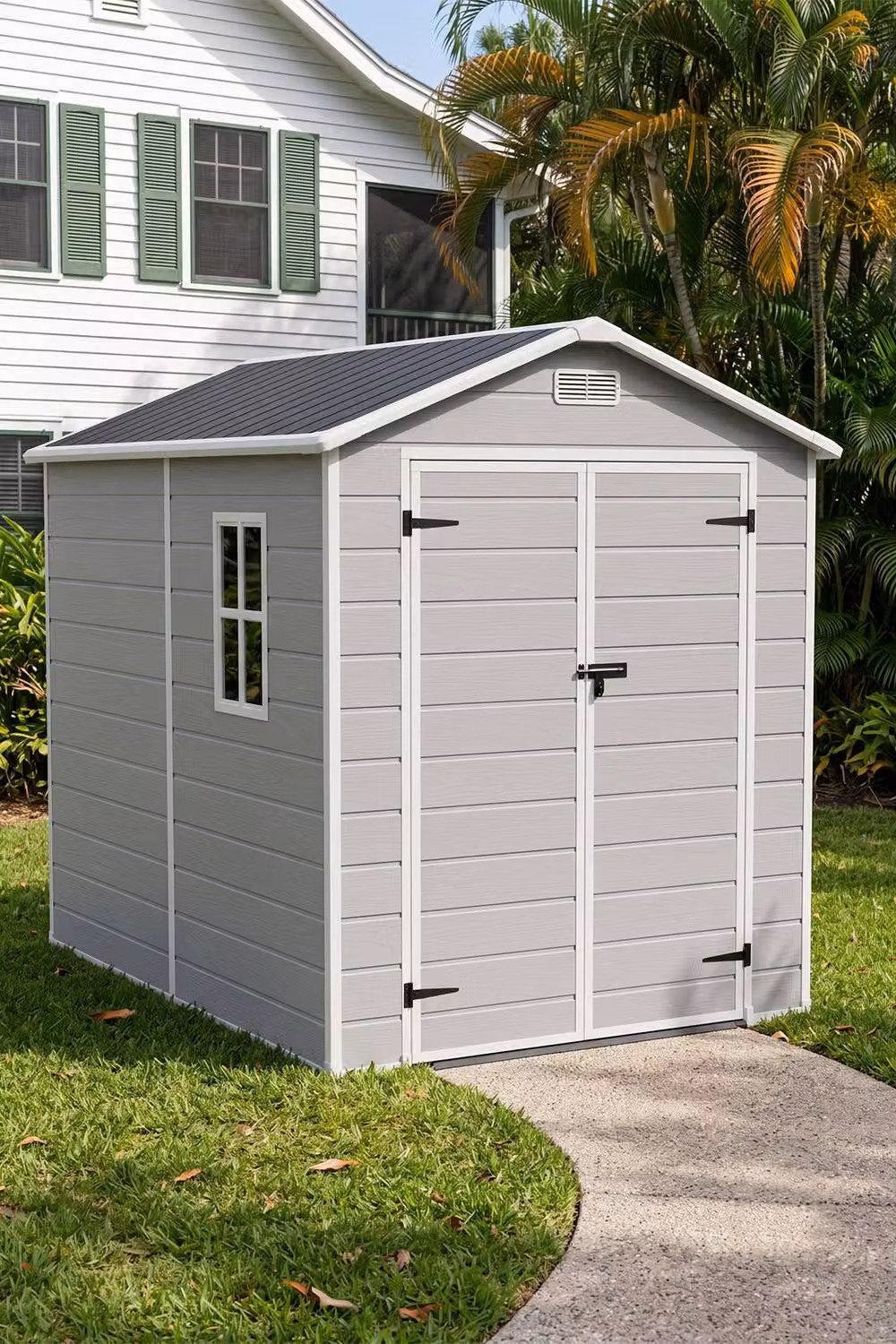 Living and Home Grey Plastic and Aluminium Outdoor Garden Storage Shed with Double Doors and Gable Roof, W: 182.88 cm, D: 244.5 cm, H: 218.0 cm – 2