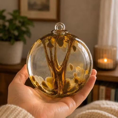 Sienna Glass Spirit Ball Handcrafted Mouth-Blown Glass Ornament in Pastel Gold with Tree of Life Design, Diameter: 10 cm – 4