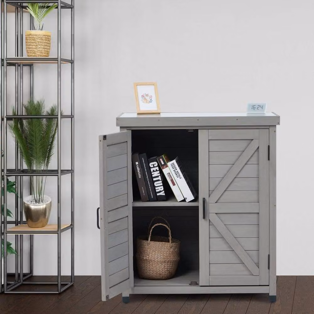 FORGEVIO Grey Wooden Garden Storage Cabinet with Hinged Doors and Internal Shelves – 3