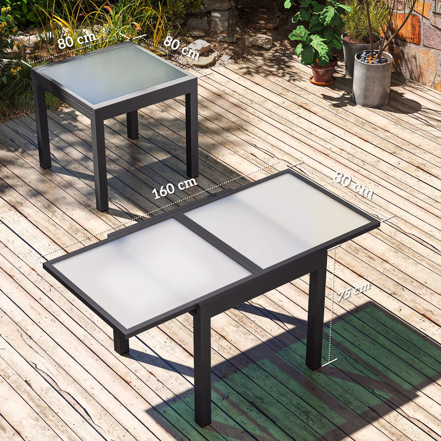 Outsunny Extendable Outdoor Garden Dining Table with Black Powder Coated Aluminium Frame and Clear Tempered Glass Top, W: 80/160 cm, D: 80 cm, H: 75 cm – 3