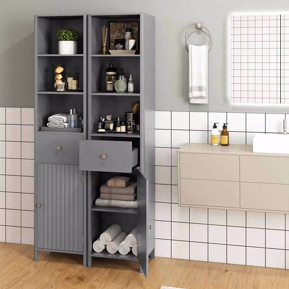 Costway Grey Wooden Narrow Bathroom Floor Cabinet with Fluted Hinged Doors, H 170 x W 40 x D 30 cm – 4
