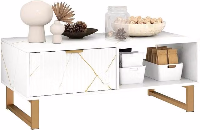 PAWNORA Modern White Glossy Coffee Table with Drawer – 1