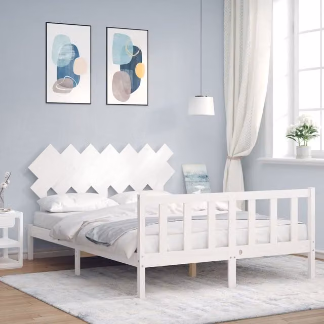 Berkfield Home Solid Wood Bed Frame with Headboard in White, W/D/H: 140 x 200 cm